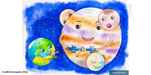 Il disegno realizzato da Yaryna, una bimba ucraina di 8 anni, vincitrice del concorso della missione ESA, che rappresenta il pianeta Terra che consegna tra le mani di Giove e le sue lune la sonda Juice