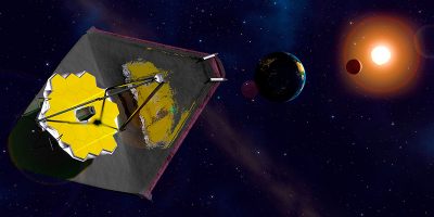 Immagine illustrata 3D del Telescopio Webb che si allontana dalla Terra