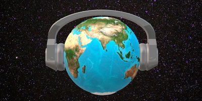 Immagine illustrata del pianeta Terra che indossa delle cuffie.