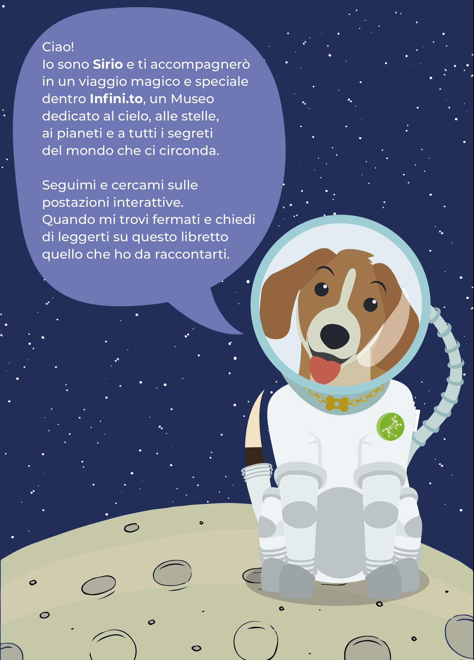 Illustrazione de "I viaggi di Sirio", con un cagnolino che indossa una tuta spaziale
