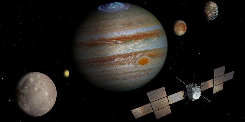 Immagine illustrativa che mostra vari pianeti del Sistema Solare e la sonda Juice