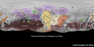 Mappa globale di Plutone, con le principali caratteristiche annotate