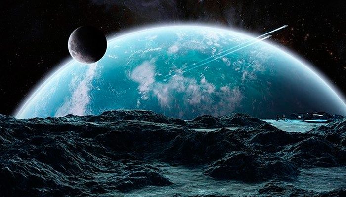 Illustrazione fantasiosa 3D che mostra la vista di altri pianeti vicini e di navicelle spaziali dal suolo di un pianeta alieno.