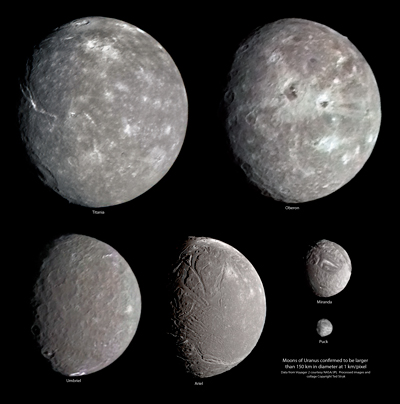 Collage delle cinque lune principali di Urano fotografate dalla Voyager 2. Ad oggi queste sono le immagini migliori a nostra disposizione