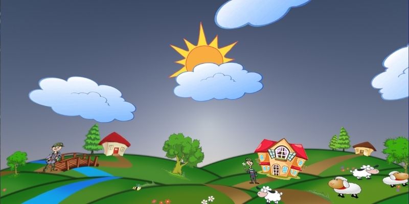 Disegno di un paesaggio con case, Sole e nuvole