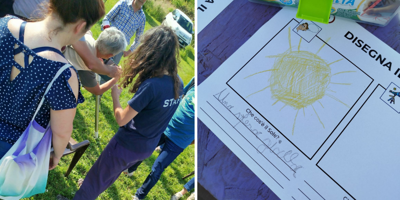 Foto persone che osservano al telescopio e disegno del Sole