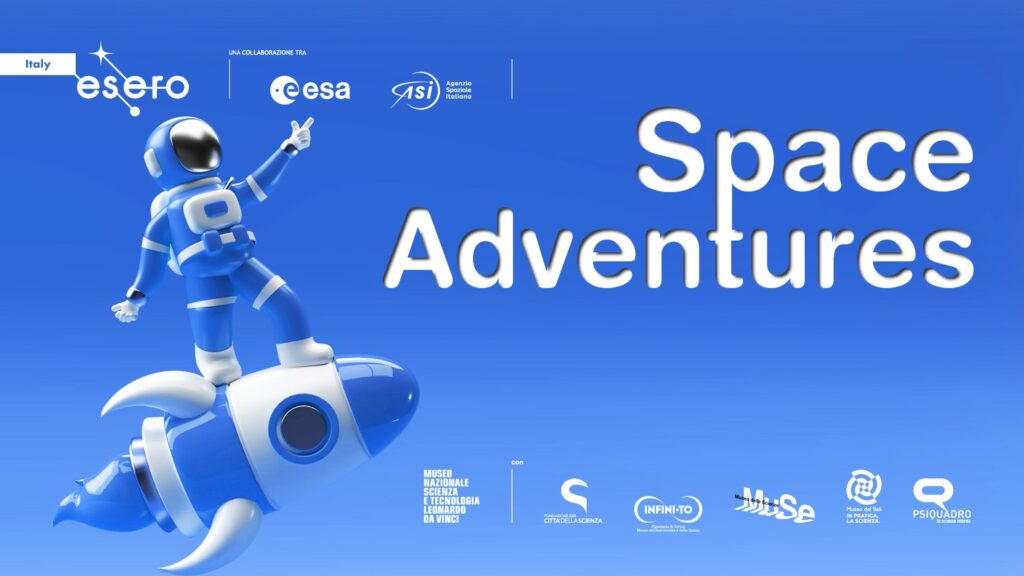 Grafica Space Adventures con astronauta su un razzo
