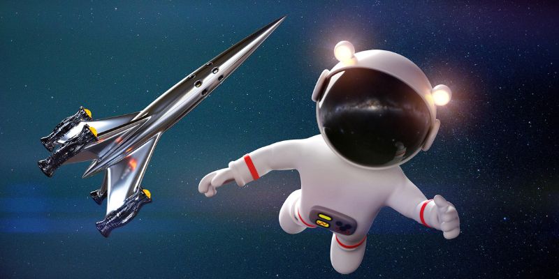 Astronauta e un razzo nel cielo stellato